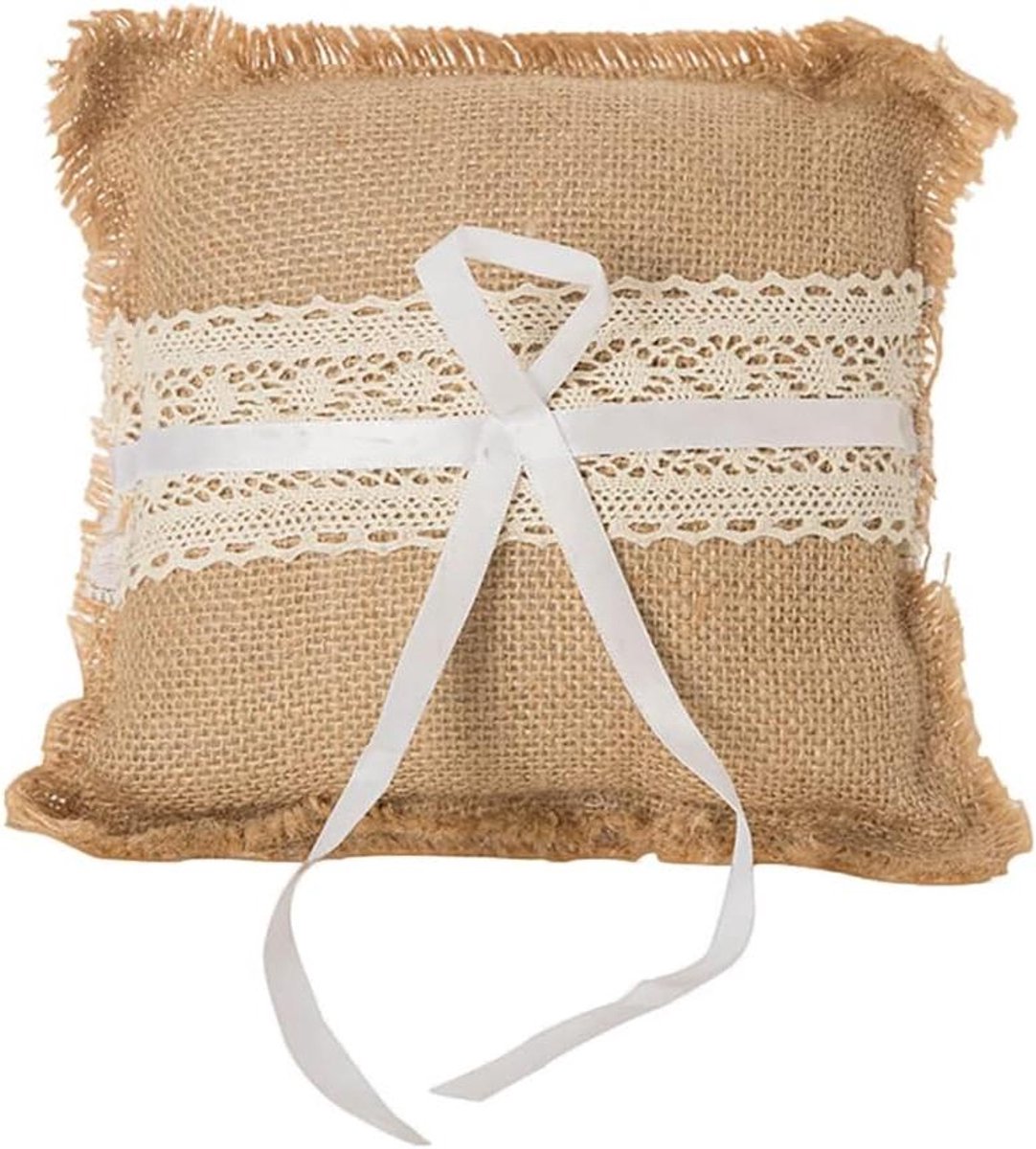 TheLau - Bruiloft ringkussen van jute met kant bloemen en satijnen lint | Trouwringen houder voor ceremonie strand bruiloftsfeest